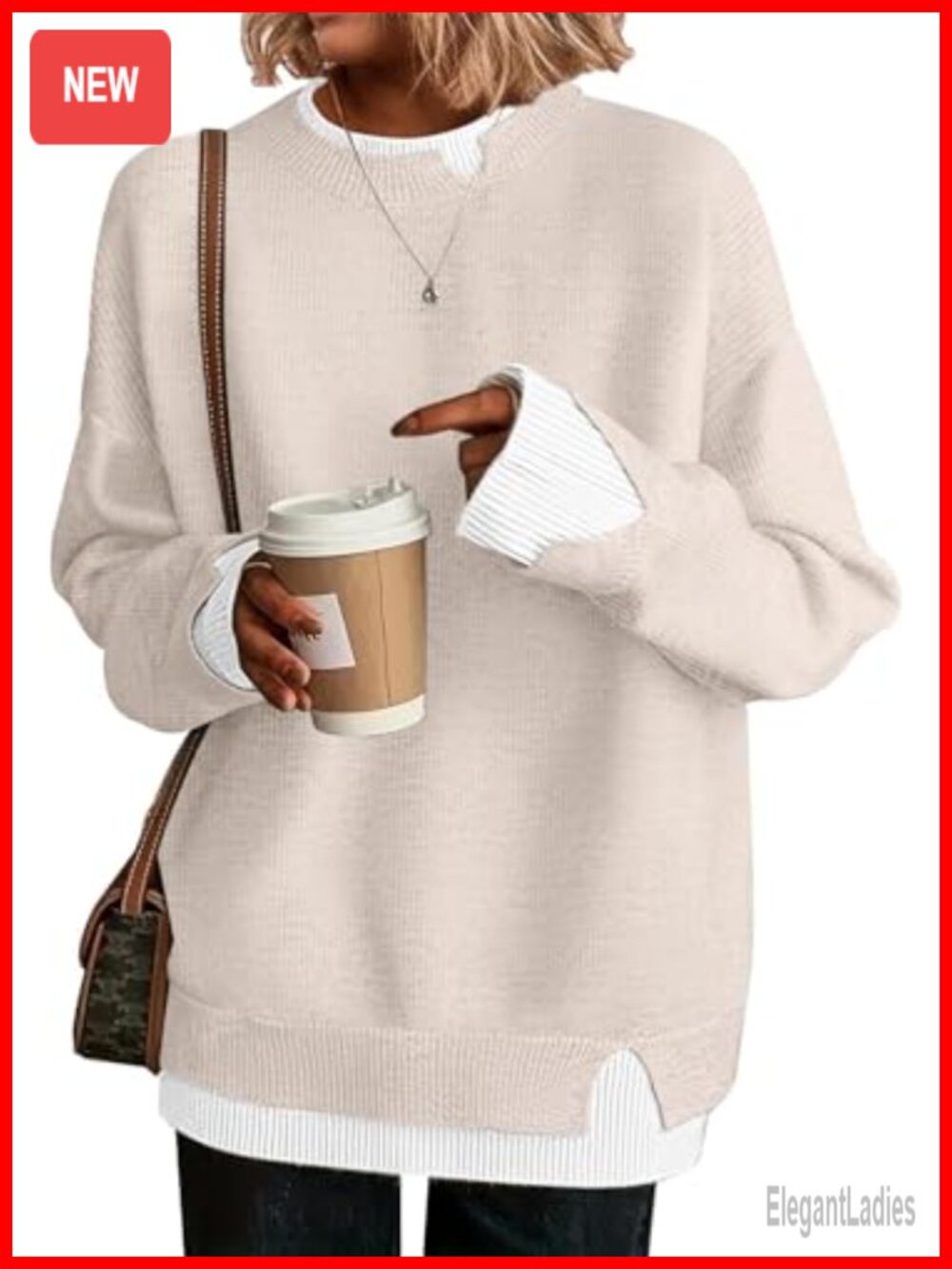 Womens Oversized Cut-Out Knit Sweater Crew Neck Drop Shoulder Pullover